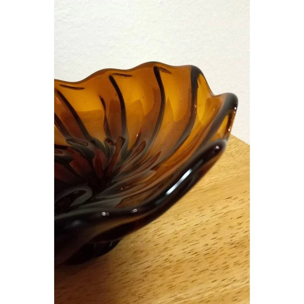 Vintage MCM Murano Style Amber Art Glass Ruffled Swirled Bowl /Catchall 8